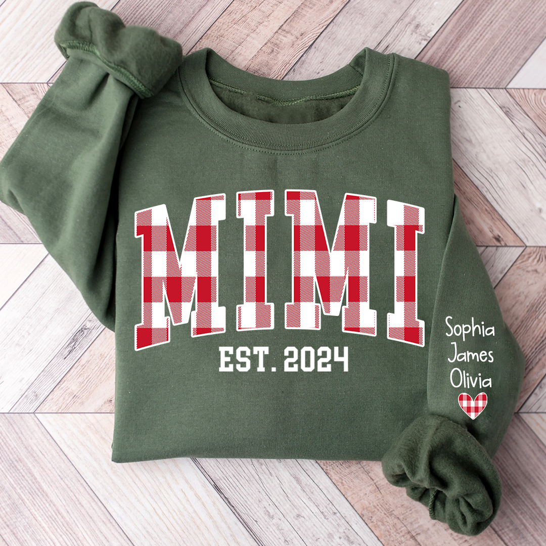 Personalized Nickname Mimi Buffalo Plaid And GrandKids Names Christmas 2024 Sweatshirt