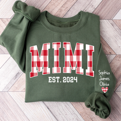 Personalized Nickname Mimi Buffalo Plaid And GrandKids Names Christmas 2024 Sweatshirt