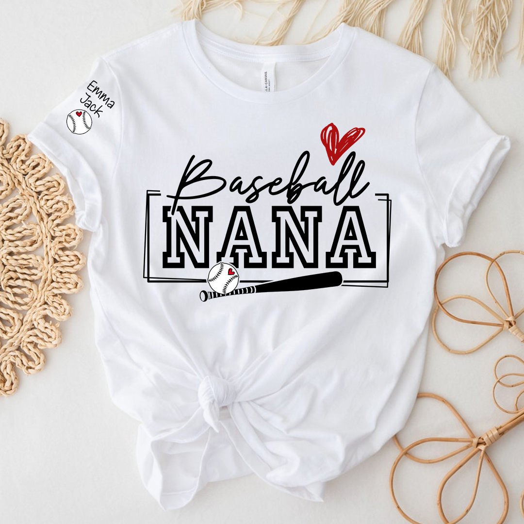 Proud Baseball Nana T Shirt, Personalized Family Sports Shirt with Bat and Heart Design