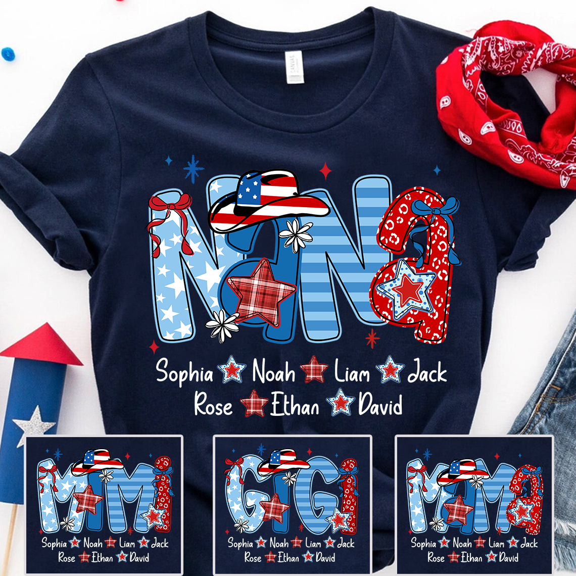 Custom Nana 4th July Independence Day American Flag T-Shirt For Grandma, Personalized Gift For Grandma And Kids
