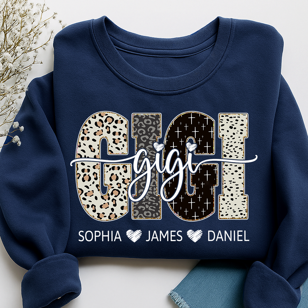 Personalized GiGi Sweatshirt With Grandkids Names, Custom Leopard Print Grandma Pullover