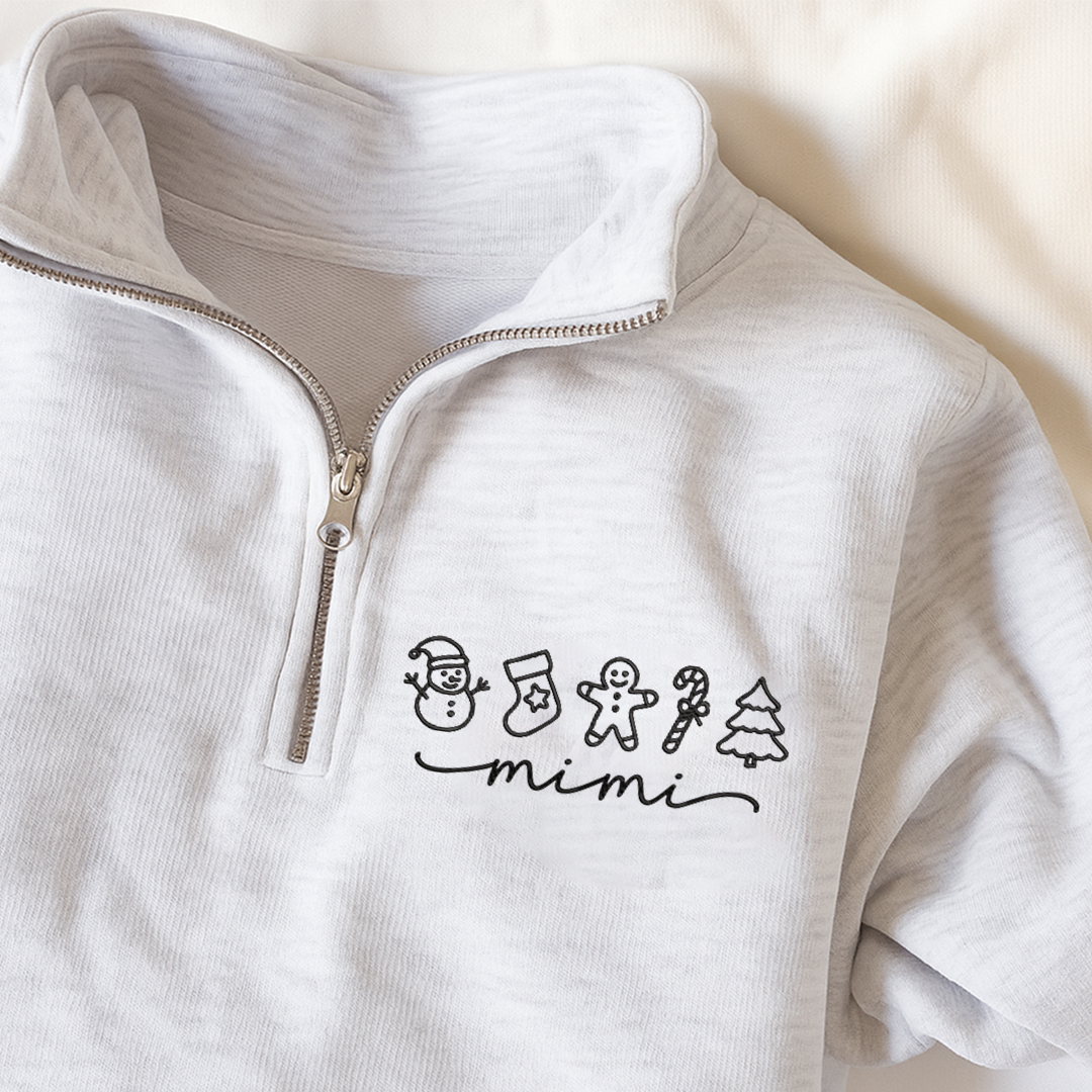 Custom Embroidered Mimi Merry Christmas Design, Gingerbread Sweatshirt And Grandkids Quarter Zip Sweater