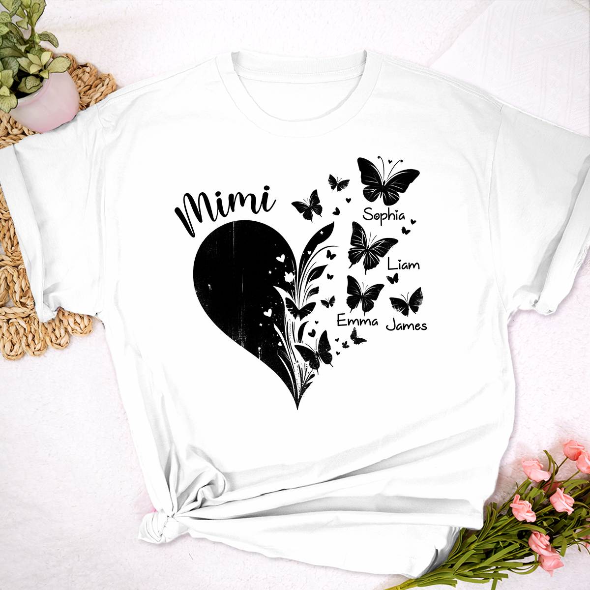 Mimi Butterfly Heart Shirt with Kids Names, Personalized Mimi Grandma T-Shirt Gift for Her