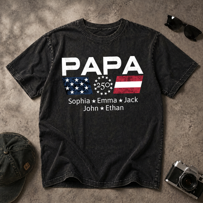 Mineral Wash  Personalized Papa 250 Years Of Freedom  -Shirt With Kids Names Sleeve, Patriotic Grandpa Family, U.S. 250th Anniversary 1776 2026 Gift For Fathers Day Birthday