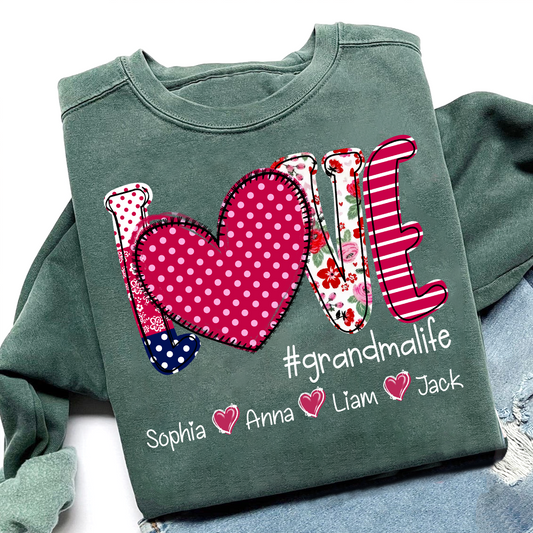 Love Grandma Shirt, Heart Patchwork Sweatshirt with Kids’ Names