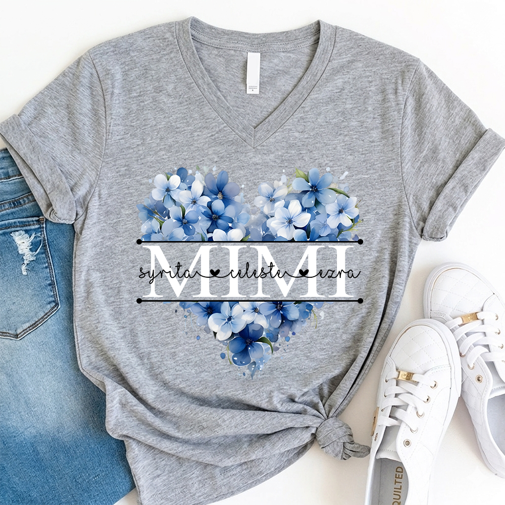 Personalized Mimi Shirt with Blue Floral Heart Design, Custom Grandma Gift with Grandkids Name V-Neck