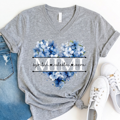 Personalized Mimi Shirt with Blue Floral Heart Design, Custom Grandma Gift with Grandkids Name V-Neck