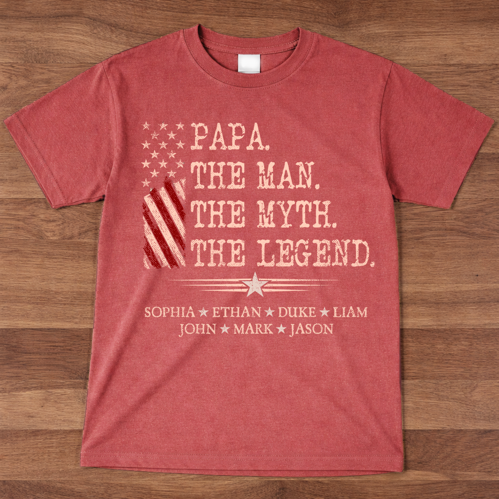 Papa The Man The Myth The Legend Shirt, Personalized Papa T-Shirt with Kids Names Patriotic American Flag Design