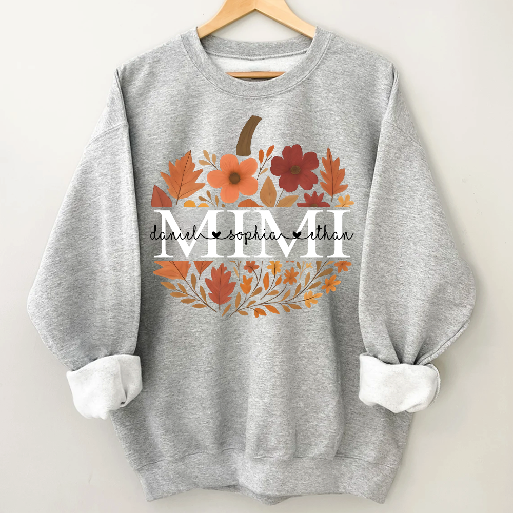 Mimi Pumpkin Floral Sweatshirt, Custom Grandchildren Names Fall Shirt, Personalized Autumn Grandma Gift, Cozy Family Outfit