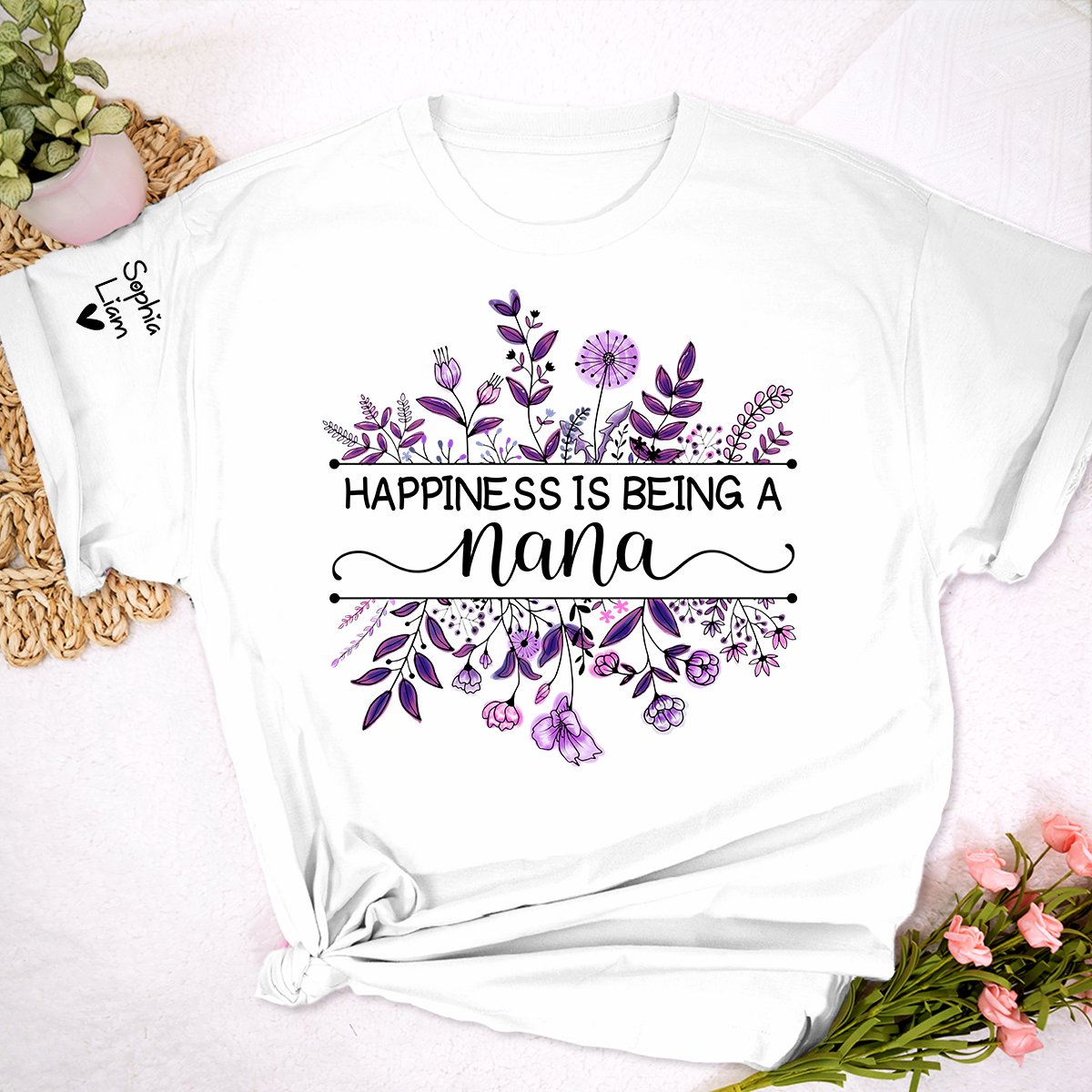 Happiness Is Being a Nana Shirt, Purple Floral Grandma Tee, Custom Nana Gift from Grandkids, Family Name Sleeve Shirt, Cute Grandma Outfit