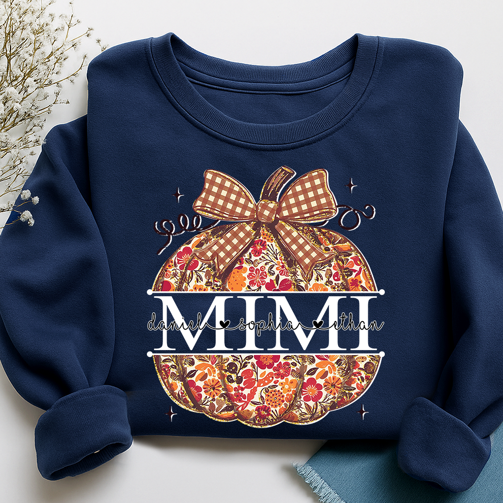 Custom Mimi Autumn T Shirt, Pumpkin Floral Grandma Shirt, Funny Fall Graphic Tee, Personalized Family Names Gift for Mimi