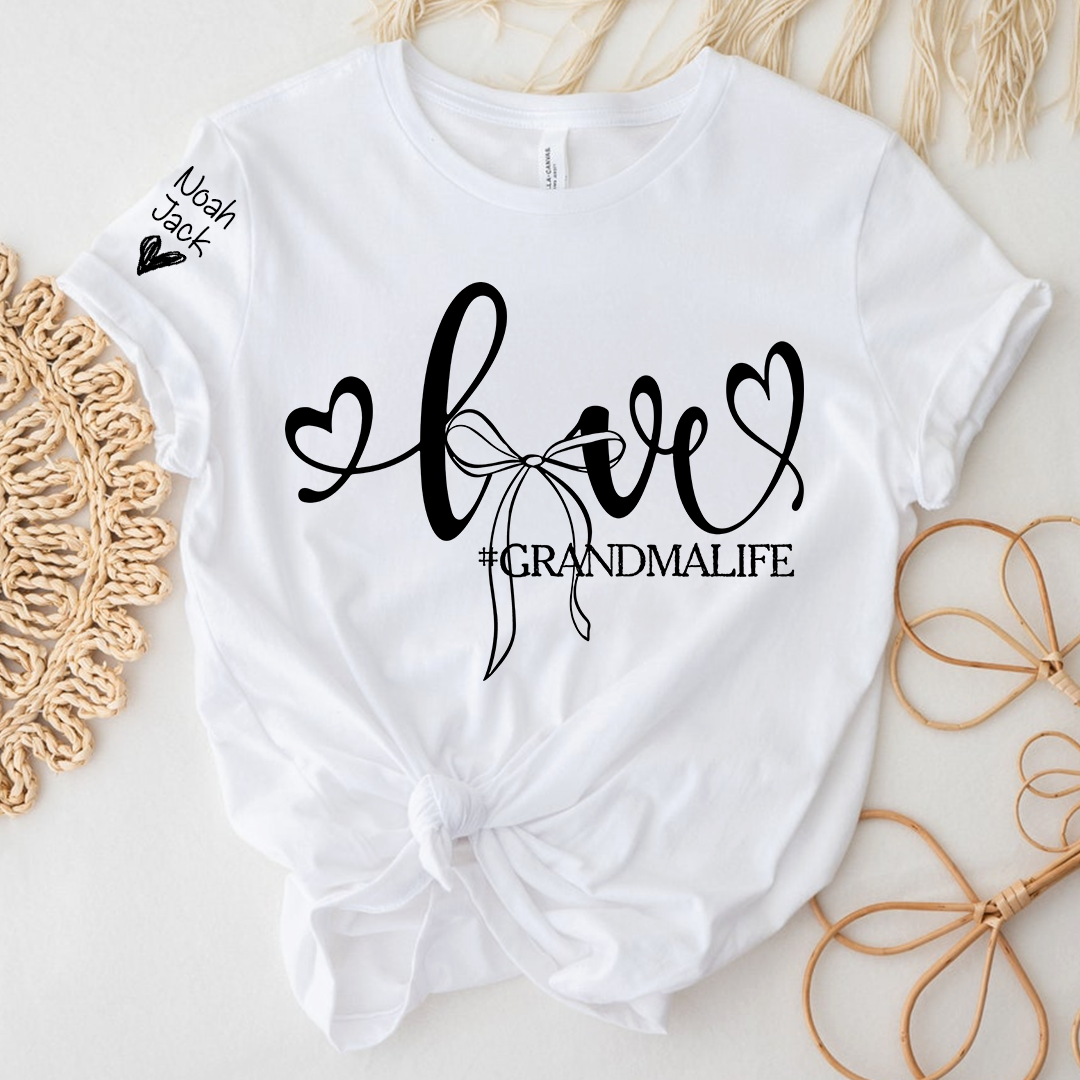 Personalized Grandma Life T-Shirt, Custom Name Graphic Tee with Love and Bow Design