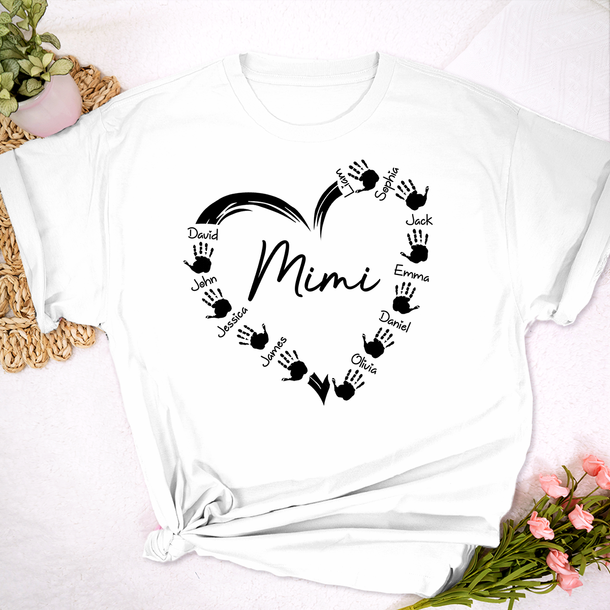 Personalized Mimi Shirt with Grandkids Names, Custom Handprint Heart Mimi T-Shirt for Grandma