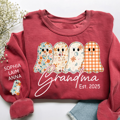 Personalized Fall Ghost sweatshirt, Custom Kids name on sleeve, For Gift Grandma