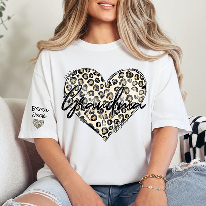 Personalized Grandma Shirt with Leopard Heart Design, Custom Family T Shirt