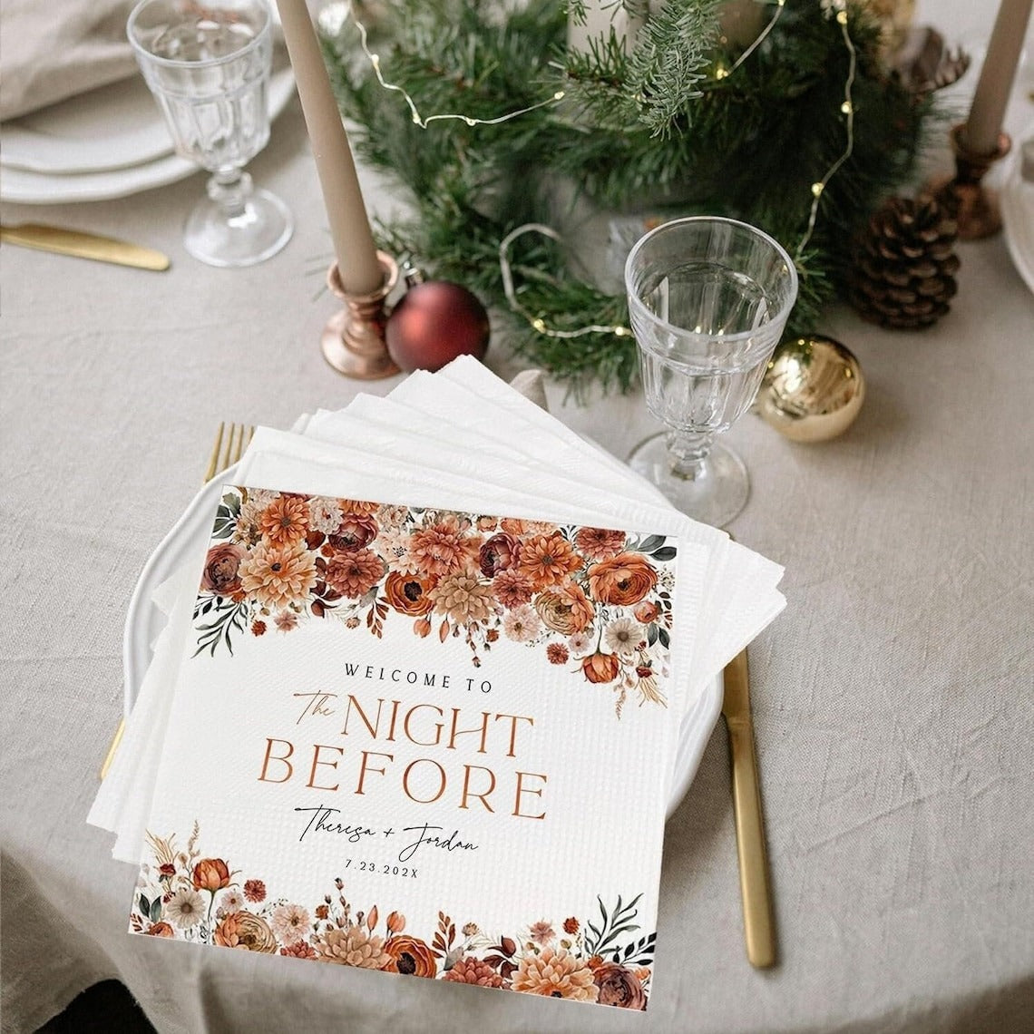 The Night Before Napkins | Custom Bridal Shower Napkins | Personalized Wedding Napkins | Floral Dinner Cocktail Napkin | Wedding Party Decor