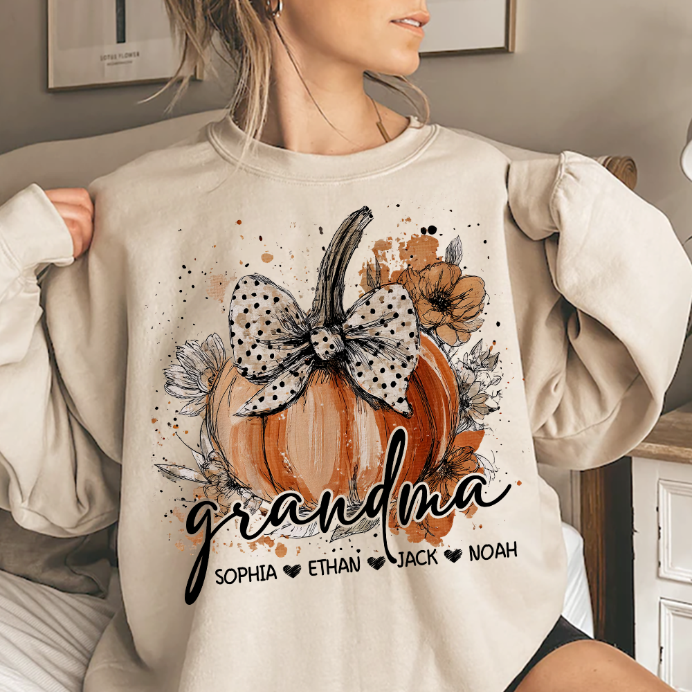 Custom Grandma Pumpkin Shirt, Cozy Autumn Sweatshirt with Kids Names