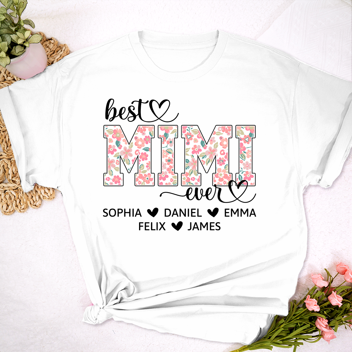 Best Mimi Ever Personalized T Shirt, Custom Floral Design with Grandkids Names