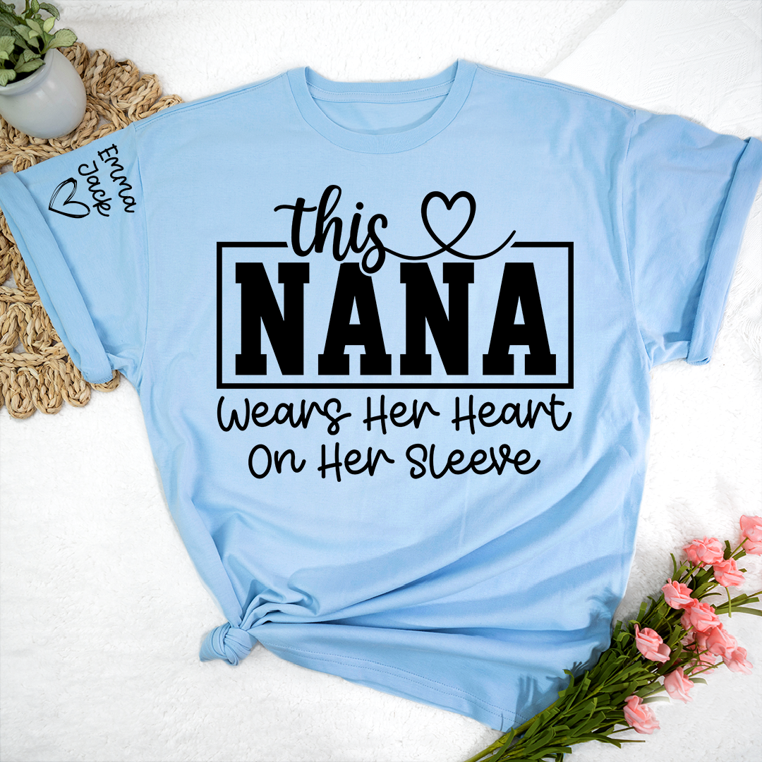 This Grandma Wears Her Heart on Her Sleeve Shirt, Personalized Grandkids Names Family T Shirt