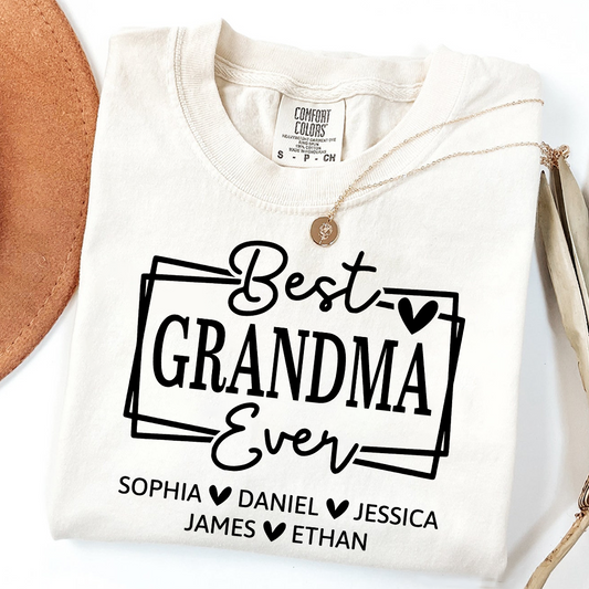 Comfort Colors Best Grandma Ever Personalized T Shirt with Heart Icons, Custom Family Gift Shirt for Grandma