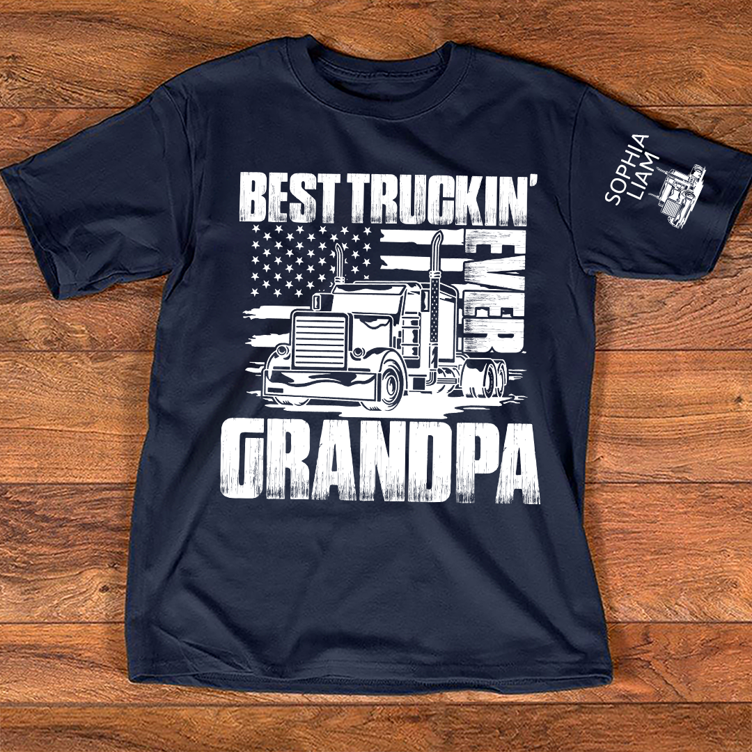 Personalized Best Truckin' Grandpa Ever, 4th July Independence Day American Flag T-Shirt For Gift Grandpa And Kids