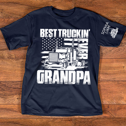 Personalized Best Truckin' Grandpa Ever, 4th July Independence Day American Flag T-Shirt For Gift Grandpa And Kids