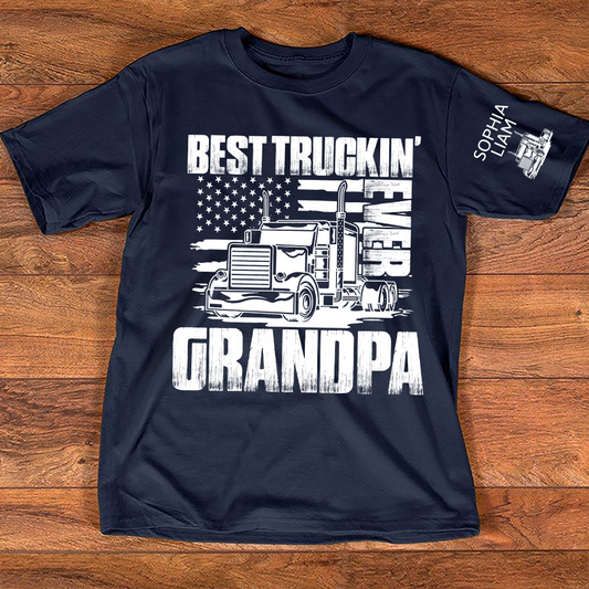 Personalized Best Truckin' Grandpa Ever, 4th July Independence Day American Flag T-Shirt For Gift Grandpa And Kids