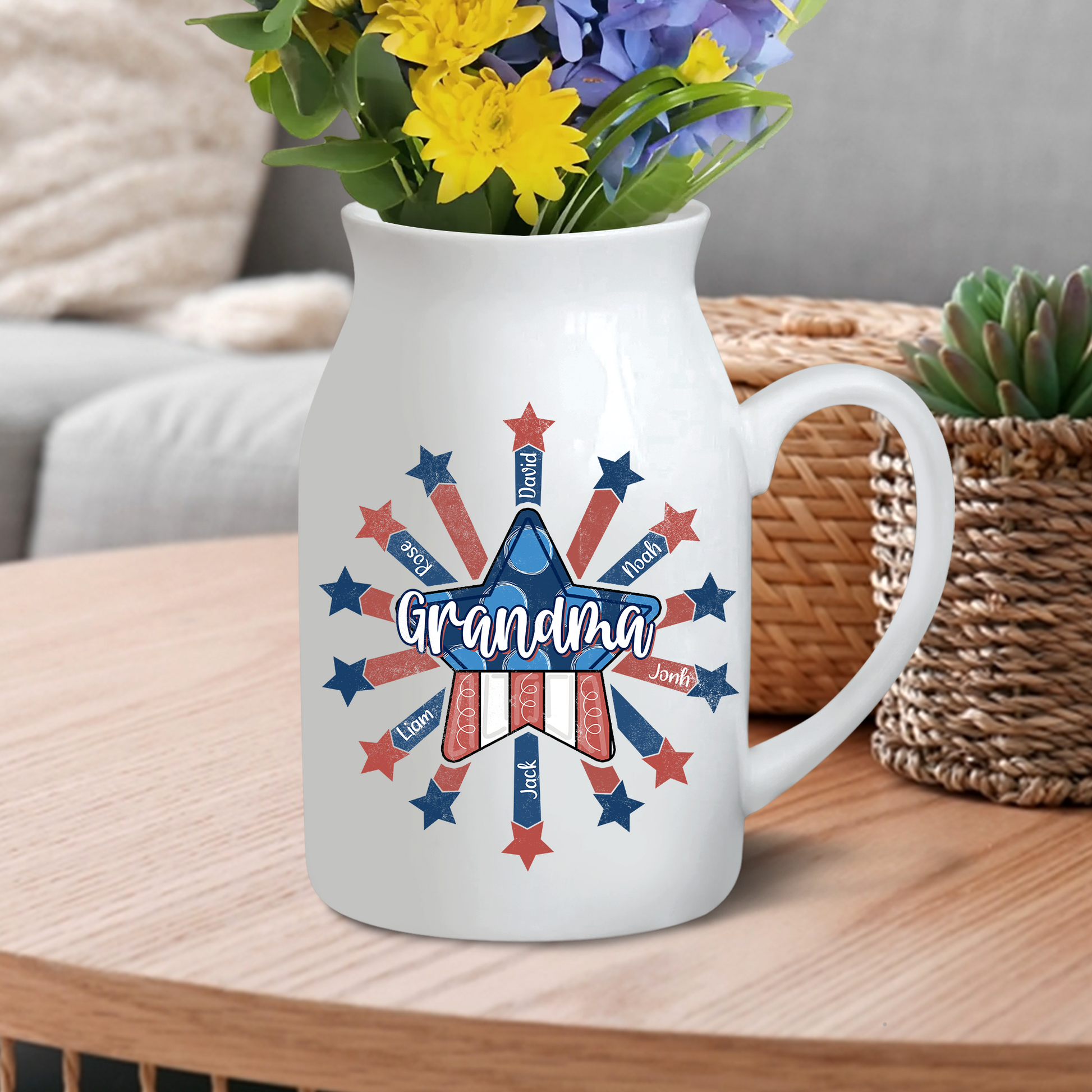 Star Flag Grandma And Kids - Custom Home Decoration Flower Vase According To Family Requirements - Warm Gift For Mother's Day, Ceramic Flower Vase