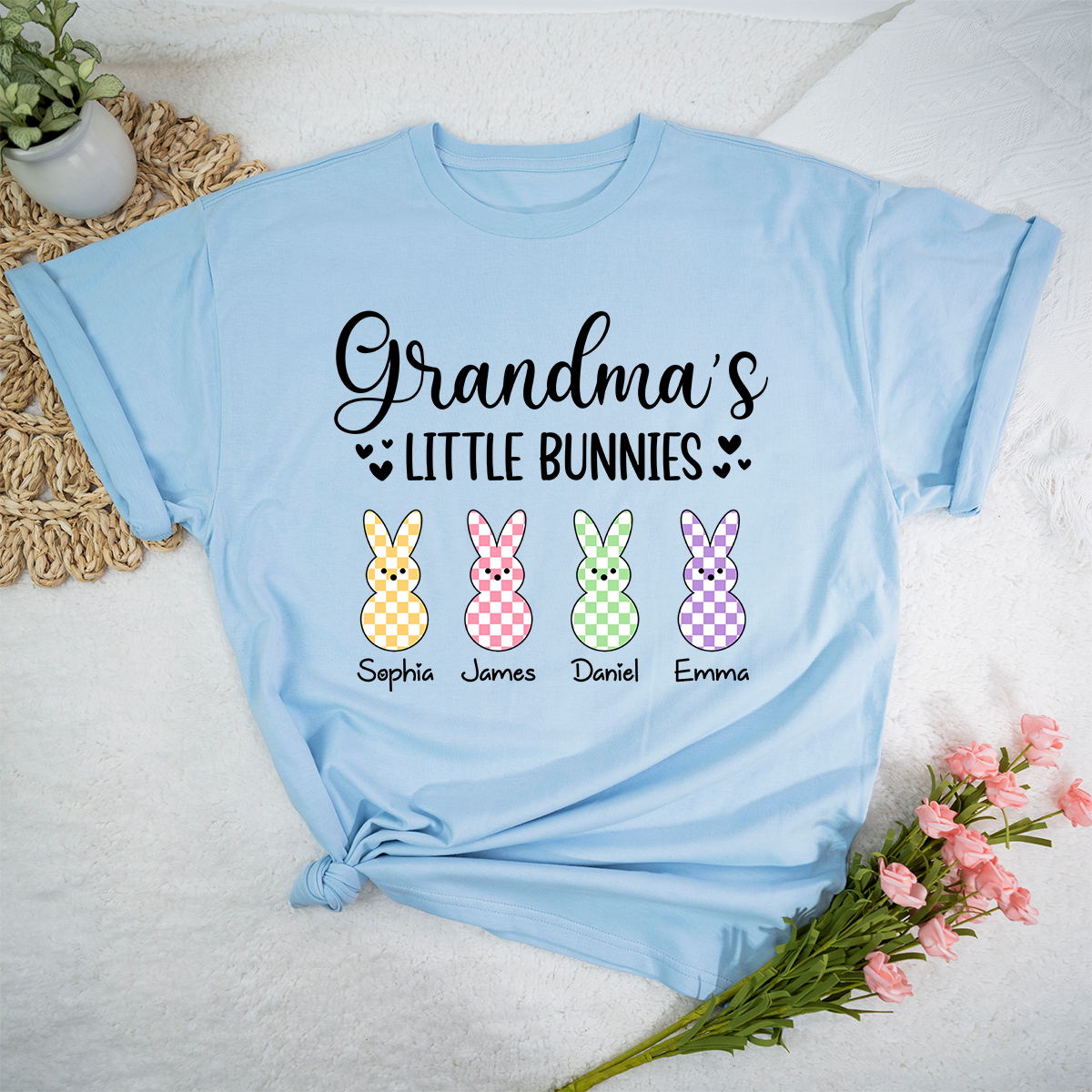 Personalized Grandma Little Bunnies Shirt, Custom Names Grandma T Shirt with Grandkids, Easter Family Outfit