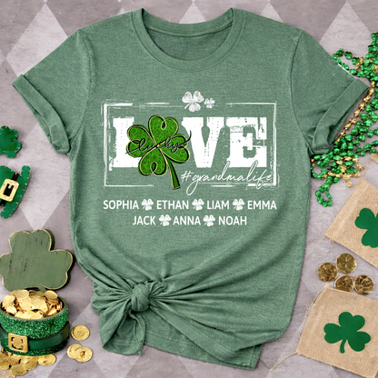Grandma St Patrick’s Day Shirt, LOVE Shamrock Grandmalife Personalized Family T Shirt