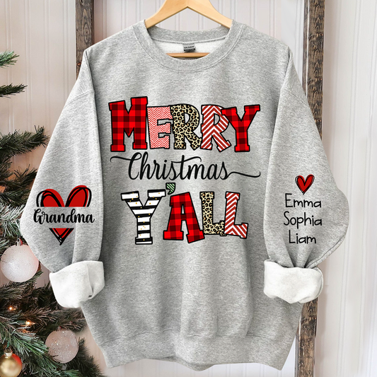 Merry Christmas Y'all Leopard Plaid, Custom Grandma And Kids TH Sweatshirt