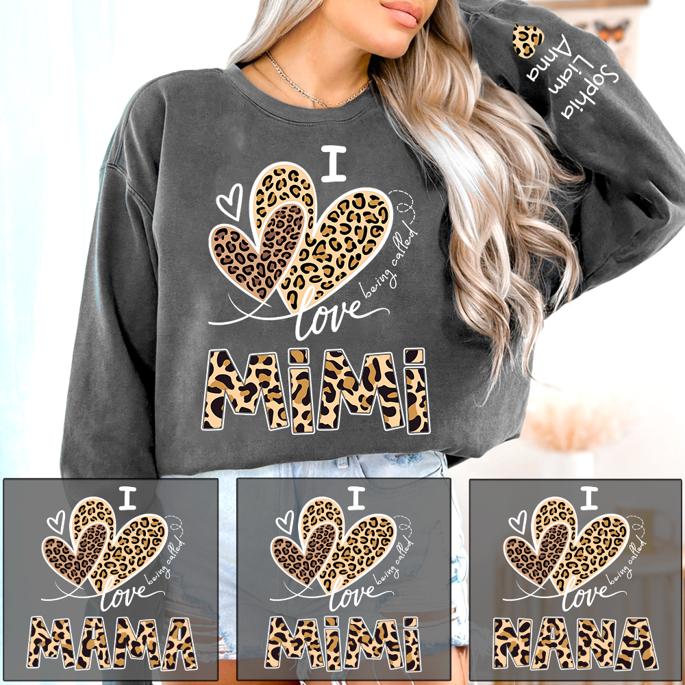 I Love Mimi Sweatshirt with Leopard Heart Design, Personalized Family Crewneck for Valentine
