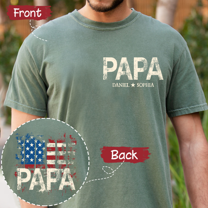 Personalized Grandpa Papa Shirt American Flag Print, Custom Family Names Gift for Father’s Day