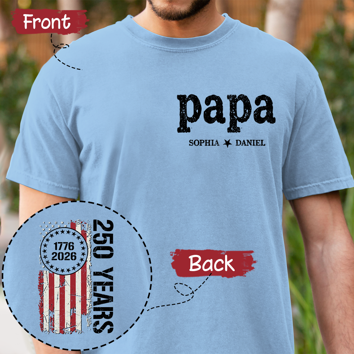 Papa Custom T Shirt, Personalized with Kids Names, Patriotic 250 Years of America Flag Design, Idea for Father’s Day