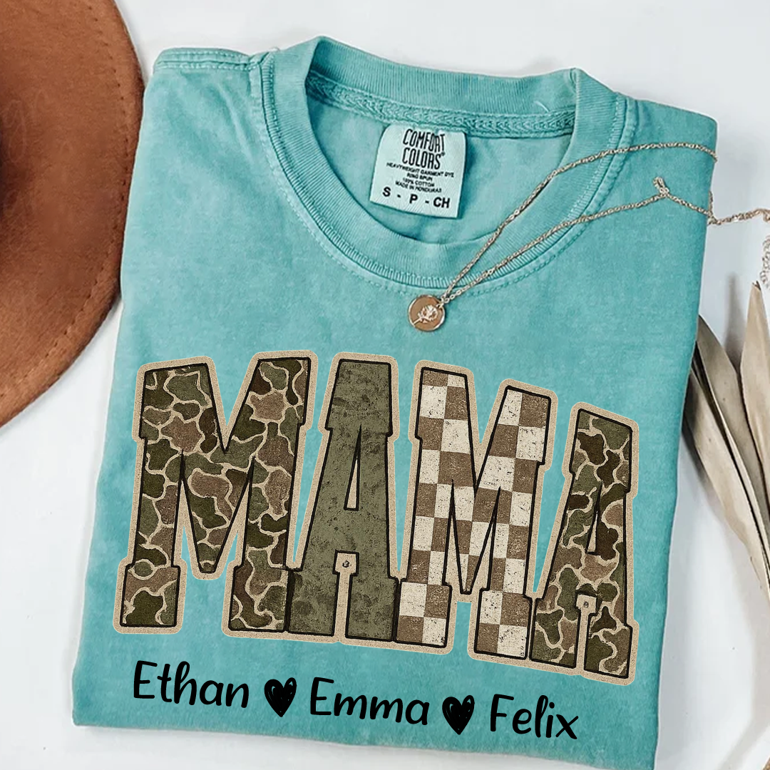 Personalized Camo Mama Shirt - Hunting Style Tee with Custom Kids Names