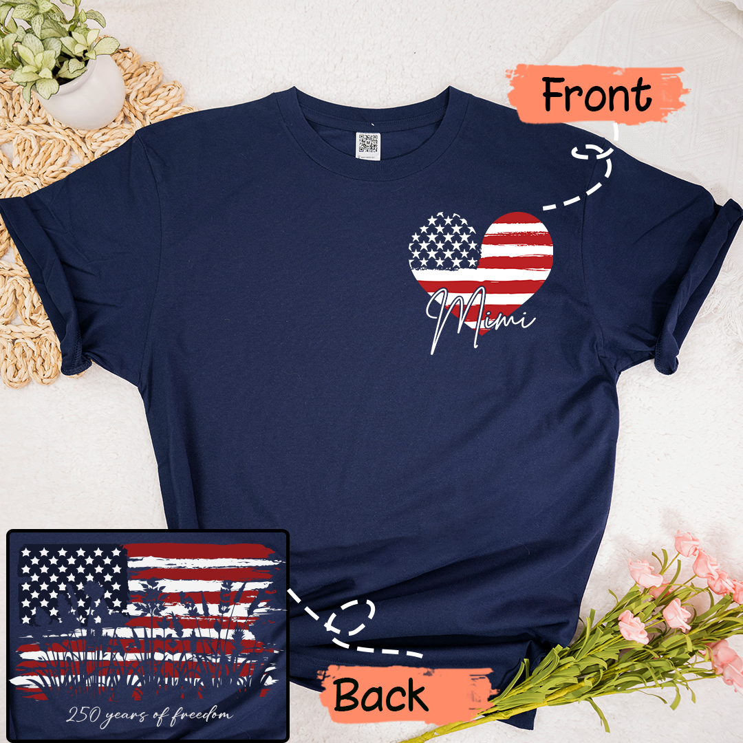 Personalized Mimi Patriotic Shirt, Custom Grandma Name USA Flag Heart T-Shirt, 4th of July Family Matching Tee for Mimi