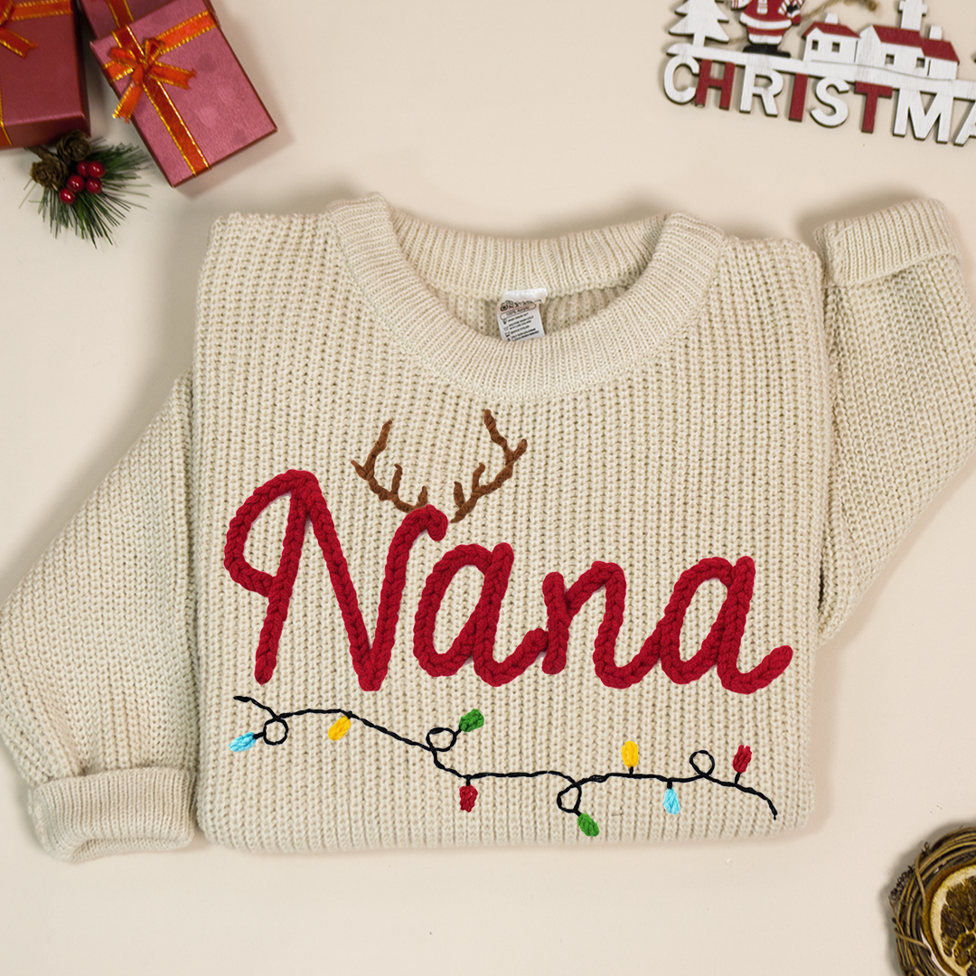 Personalized Nana Hand-Embroidered Sweater, Cozy Christmas Knit Pullover, Unique Holiday Gift for Grandmas and Family