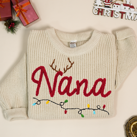 Personalized Nana Hand-Embroidered Sweater, Cozy Christmas Knit Pullover, Unique Holiday Gift for Grandmas and Family