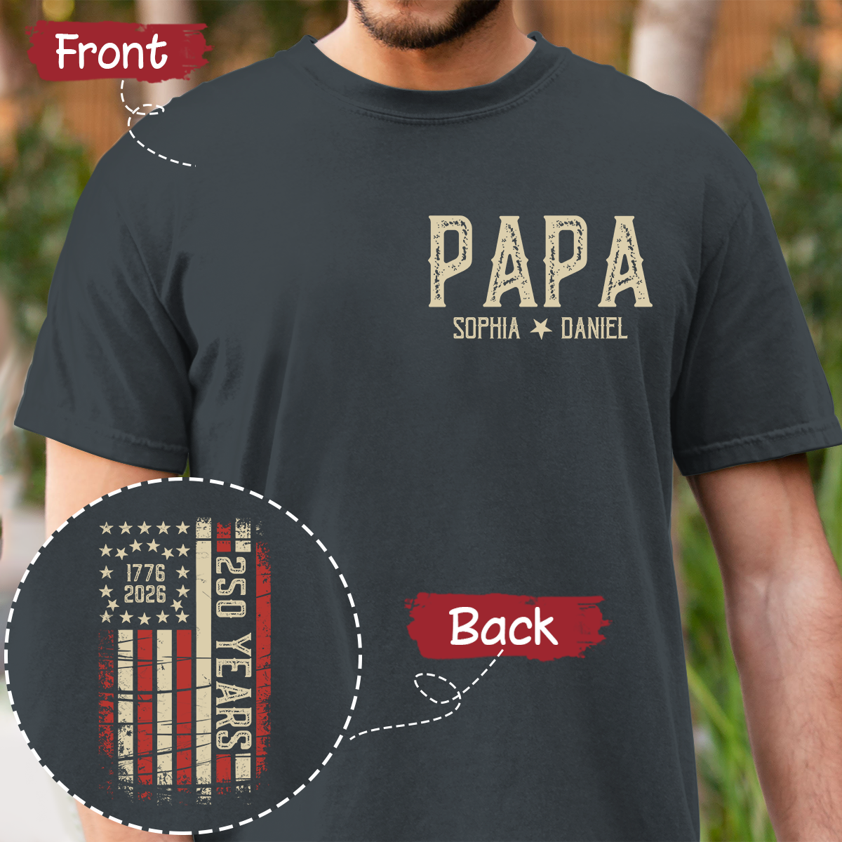 Personalized Papa Shirt, Custom Family Names T Shirt, 250th Anniversary American Flag Design, Patriotic Gift for Papa