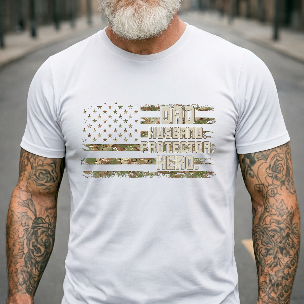 Dad Husband Protector Hero T-Shirt – Patriotic Camouflage Gift for Dad Daddy Papa