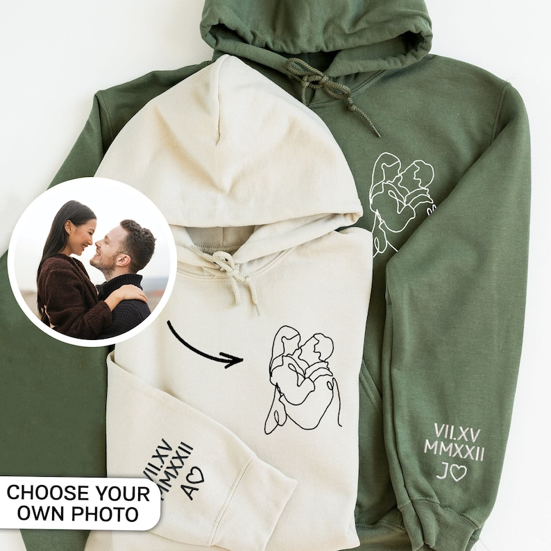 Custom Embroidered Portrait Hoodie, Personalized Couple Portrait Outline from Photo Hoodie, Couple Gifts, Valentine's Day Anniversary Gifts Hoodie, Sweatshirt