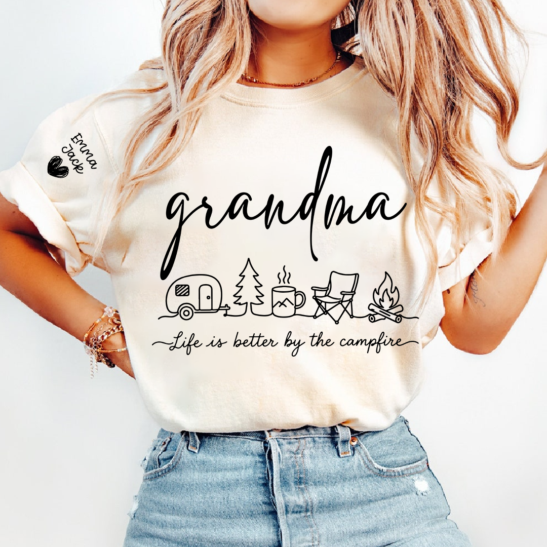 Grandma Camping Shirt, Life Is Better By The Campfire Tee, Personalized Grandkids Names Sleeve Shirt, Camping Gift for Grandma