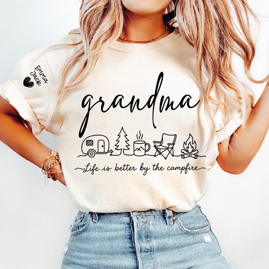 Grandma Camping Shirt, Life Is Better By The Campfire Tee, Personalized Grandkids Names Sleeve Shirt, Camping Gift for Grandma