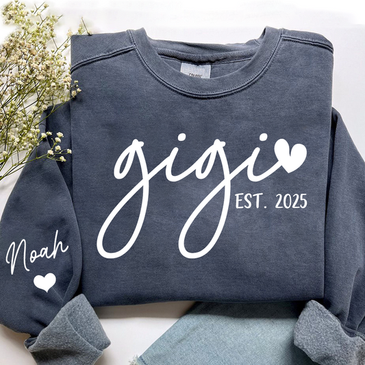 Personalized Gigi Sweatshirt, Custom Printed Name and Grandkids’ Names on Sleeve with Heart