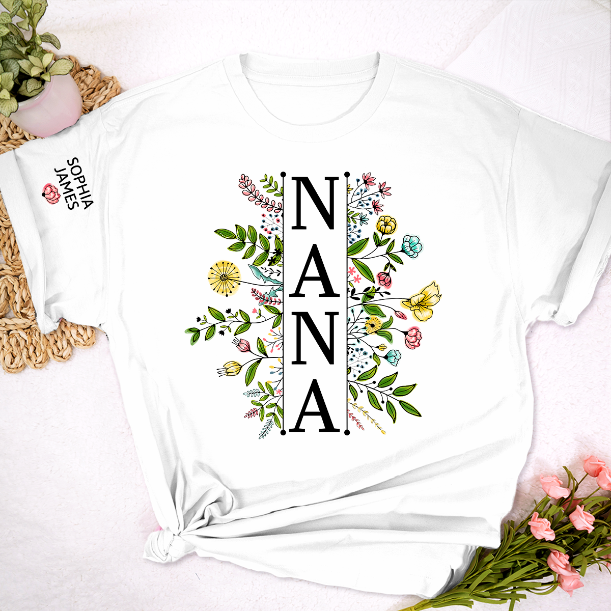 Custom Nana T Shirt with Colorful Floral Artwork, Personalized Gift for Grandma Featuring Kids Names