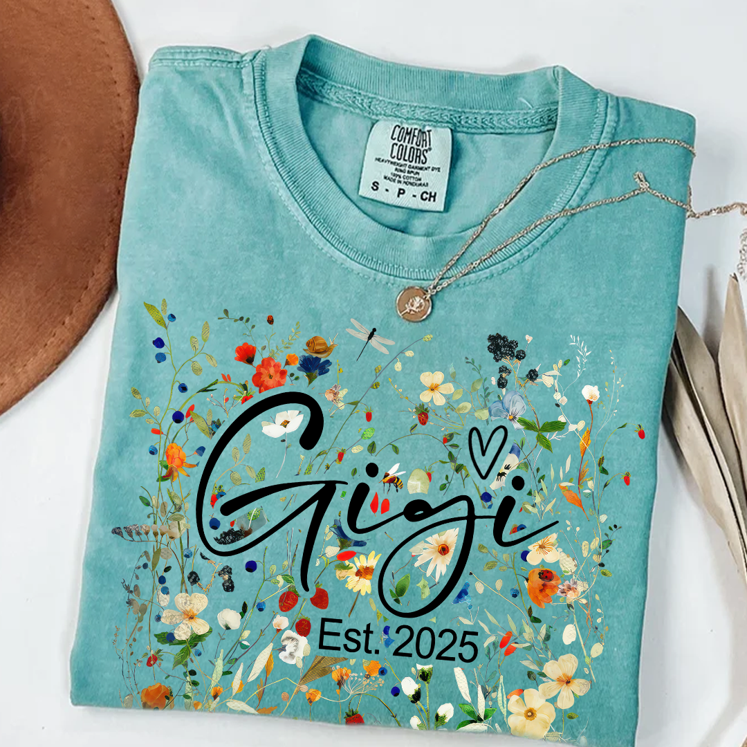 Comfort Colors® Gigi Est Wildflower T-Shirt, Custom Grandma With Grandkids Shirt