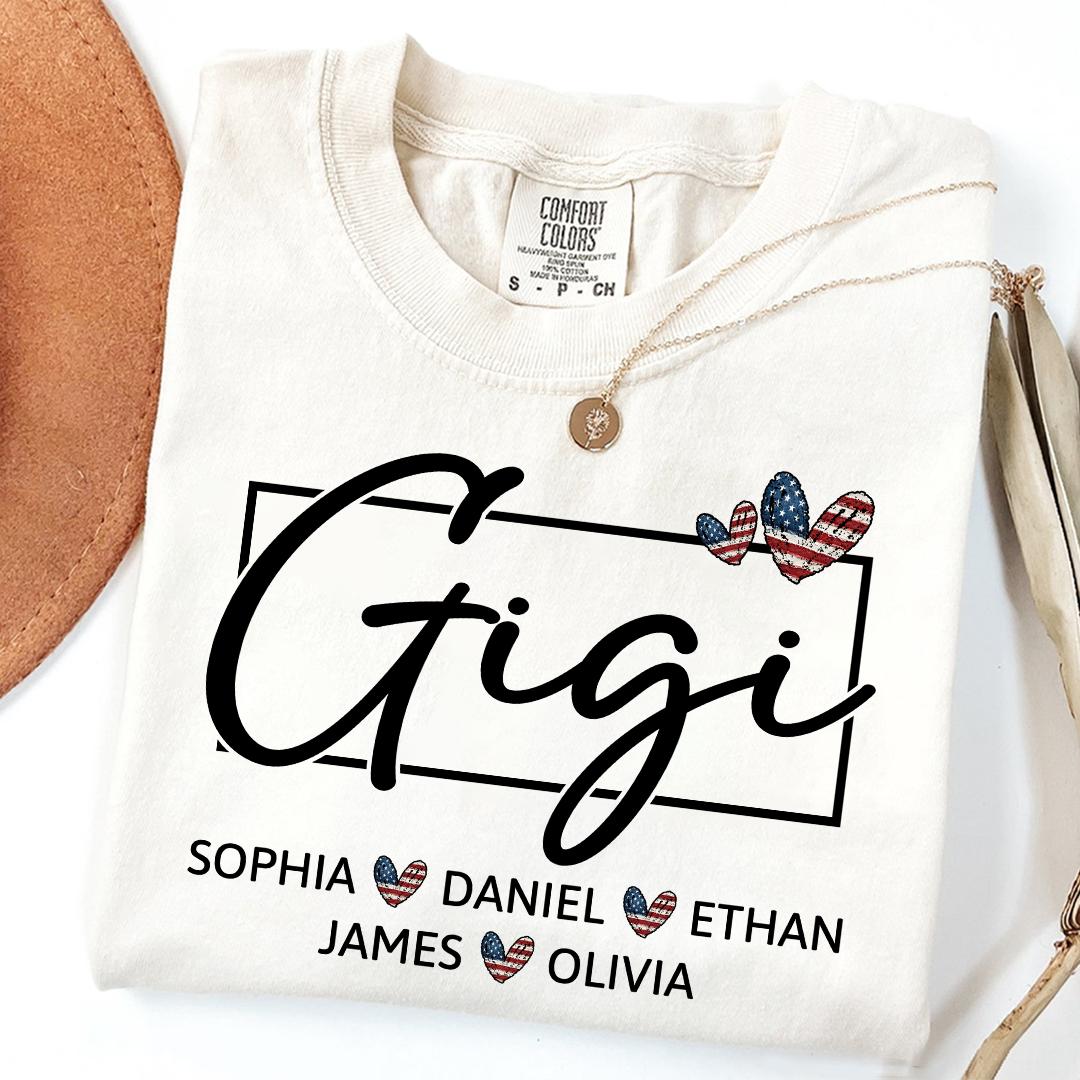 Comfort Colors Personalized Gigi Shirt with Children Names USA Flag Heart Graphic Custom Grandma Tee Stylish Script Design Family Gift Shirt