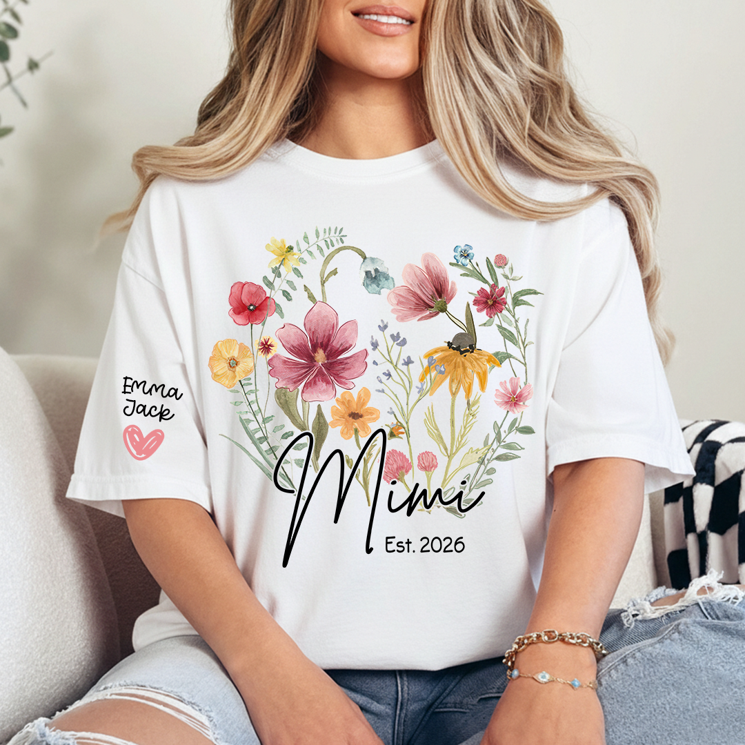 Mimi Est T-Shirt Personalized with Grandkids Names, Wildflower Floral Family Tee