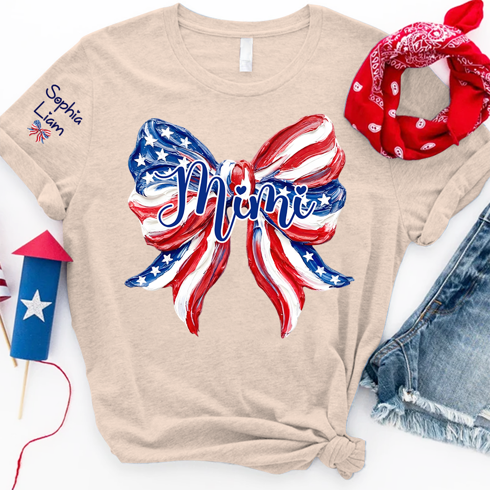 Personalized Mimi Patriotic Bow Shirt, Custom Grandma Tee with Kids Names, Fourth of July Gift for Nana Gigi Women