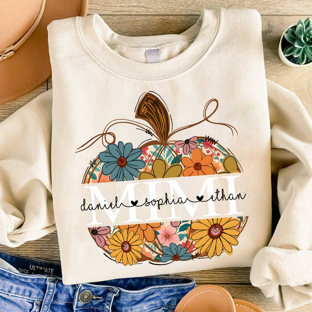 Custom Mimi Pumpkin Sweatshirt with Grandchildren Names, Personalized Floral Fall Shirt, Grandma Thanksgiving Gift